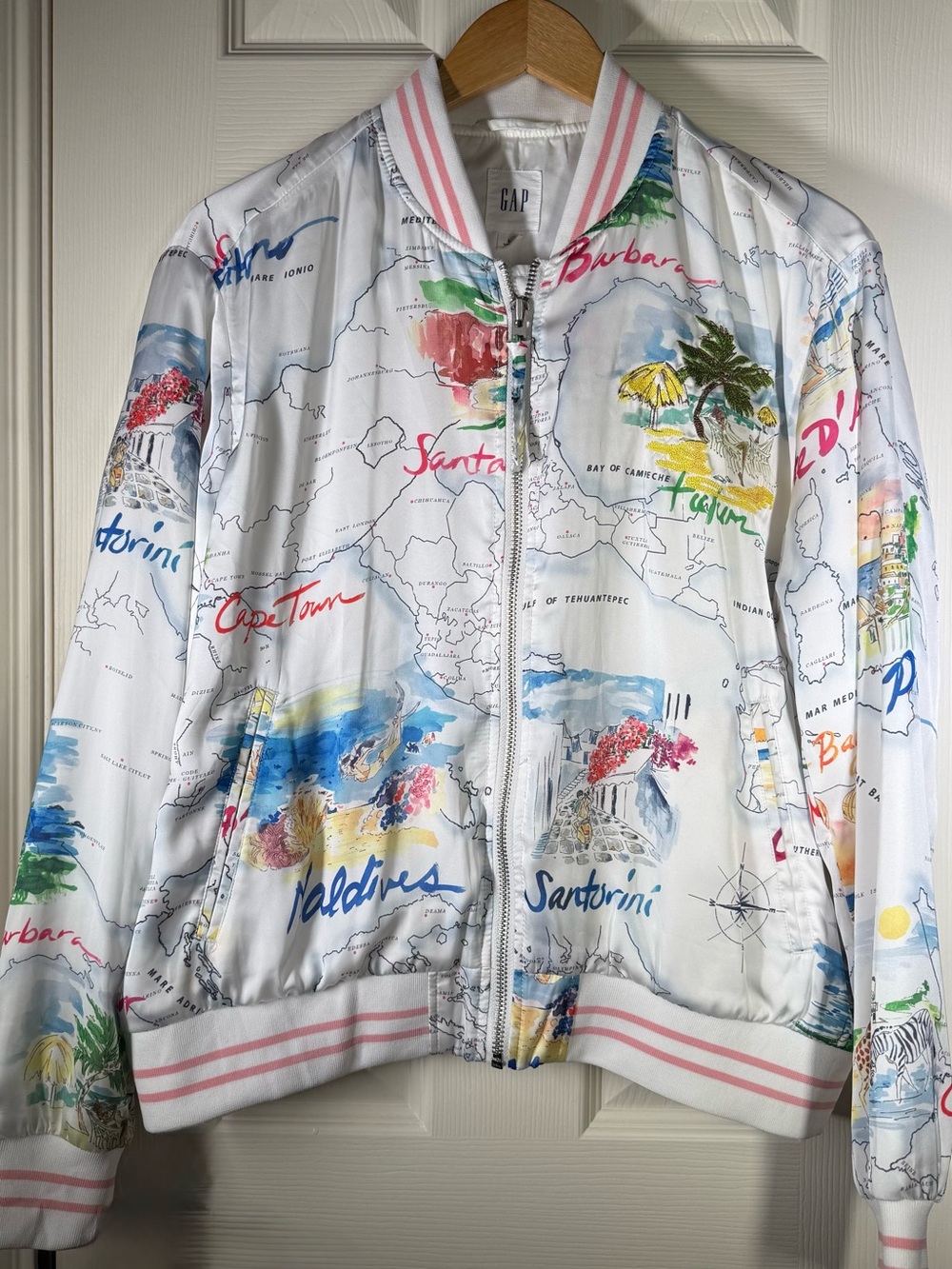 GAP Sz L White Satin Bomber Jacket Multicolor Travel Map Pink-Striped Collar